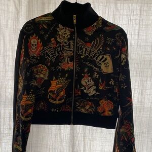 Ed Hardy Black Multicolor Graphic Bomber  track Jacket cropped L